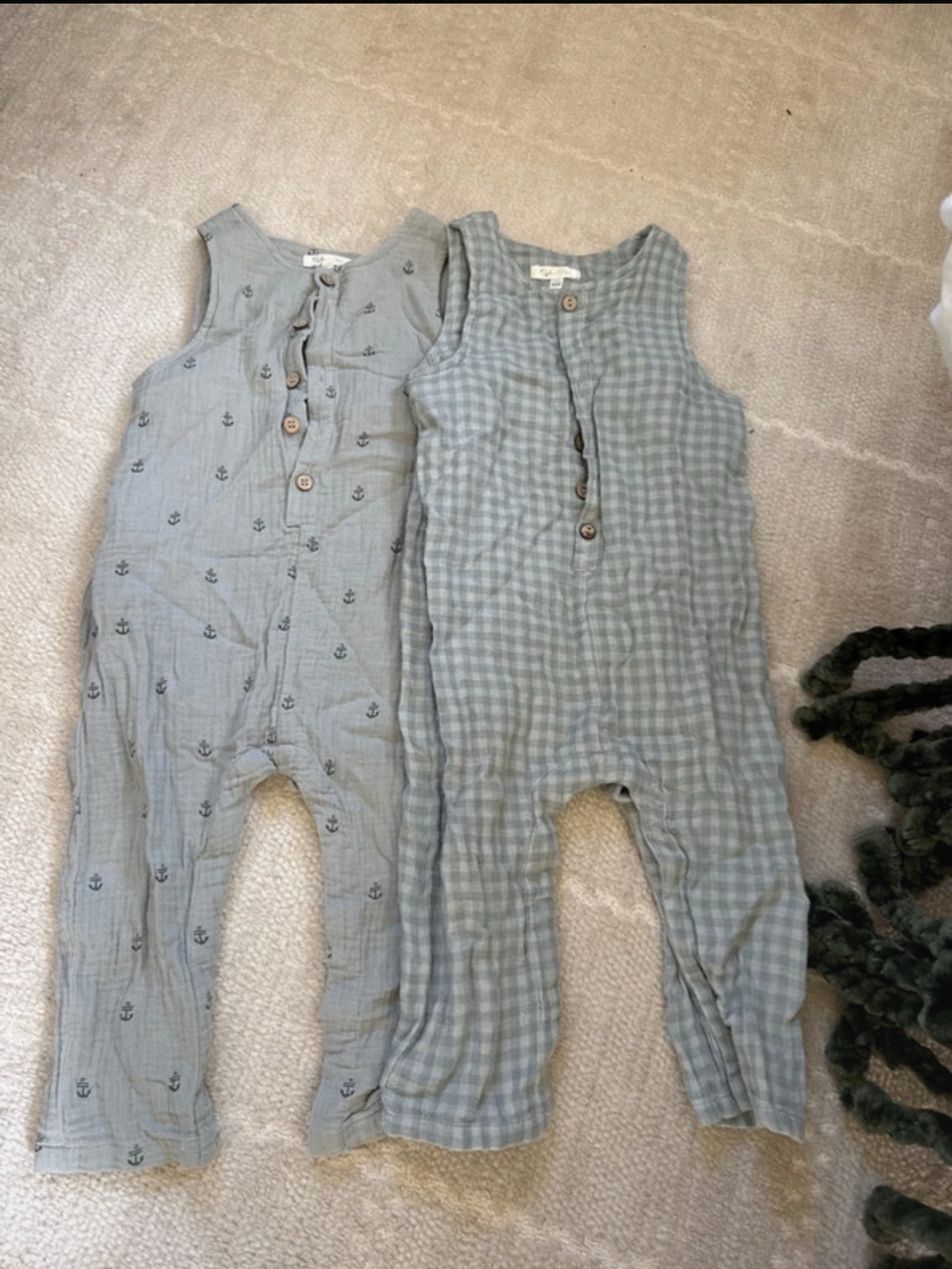 Rylee + Cru Set of Two Blue-Green Muslin Rompers